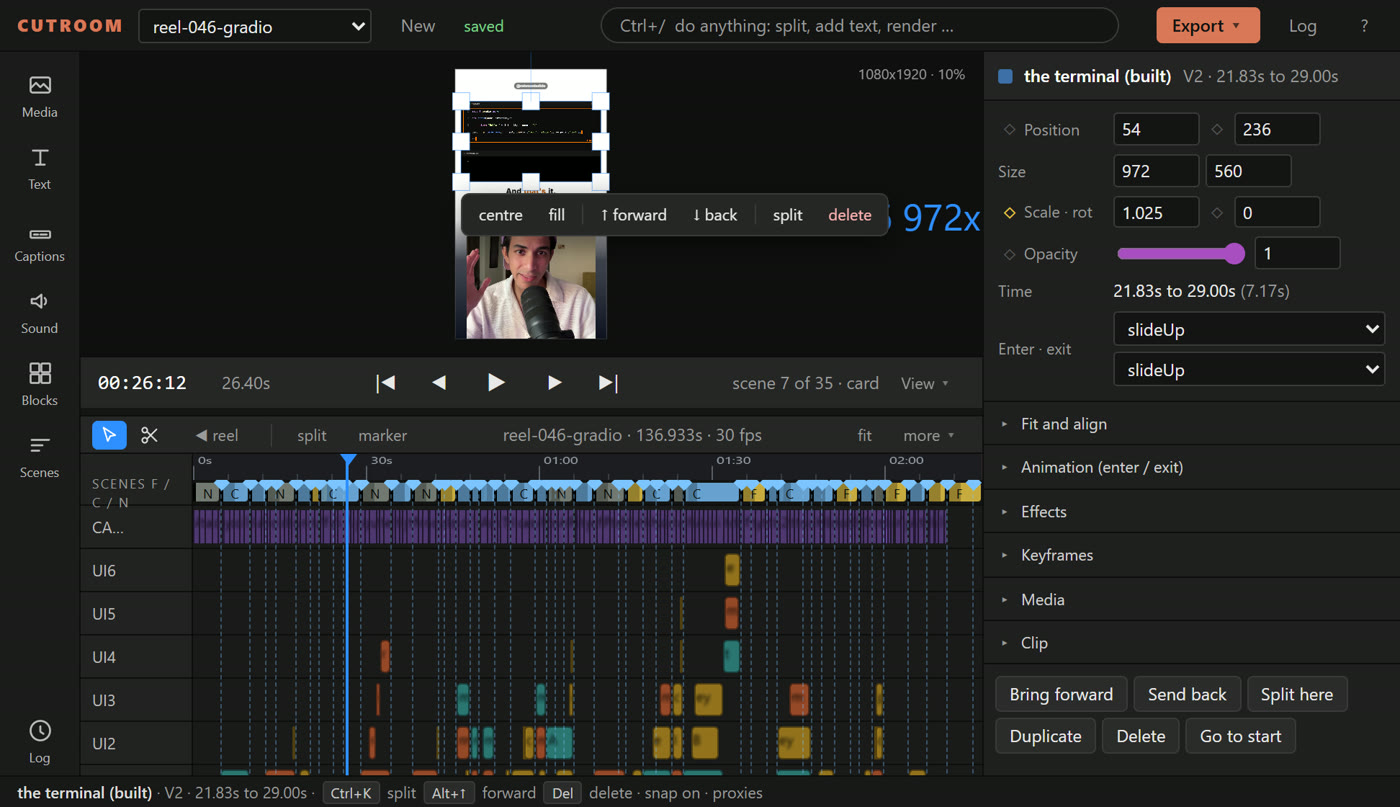 Cutroom, my editor, today: a video preview with handles, a properties panel on the right, a multi-track timeline with scenes and captions