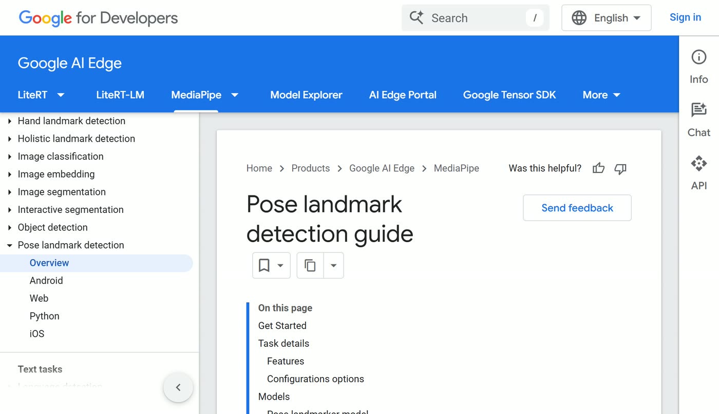 Google's MediaPipe pose landmark detection documentation